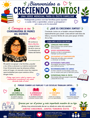 A flyer titled '¡Bienvenidos a Creciendo Juntos!' announces a monthly series for family success, featuring a portrait of Maria Murillo, District Parent Coordinator.