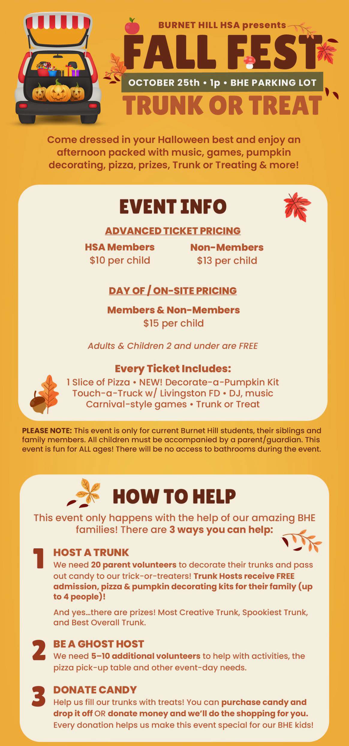 A promotional flyer for a Fall Fest and Trunk or Treat event, featuring ticket pricing, event activities, and ways to volunteer.