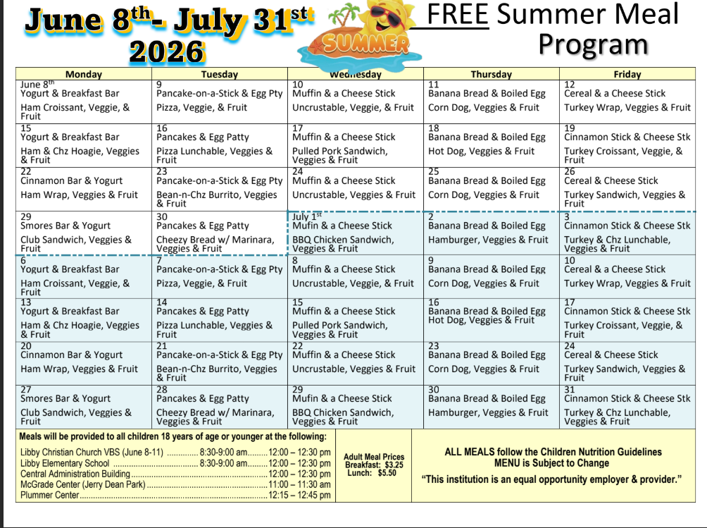 Free Summer Meal Program:  June 8th Through July 31st (Locations are at  the bottom of the menu)