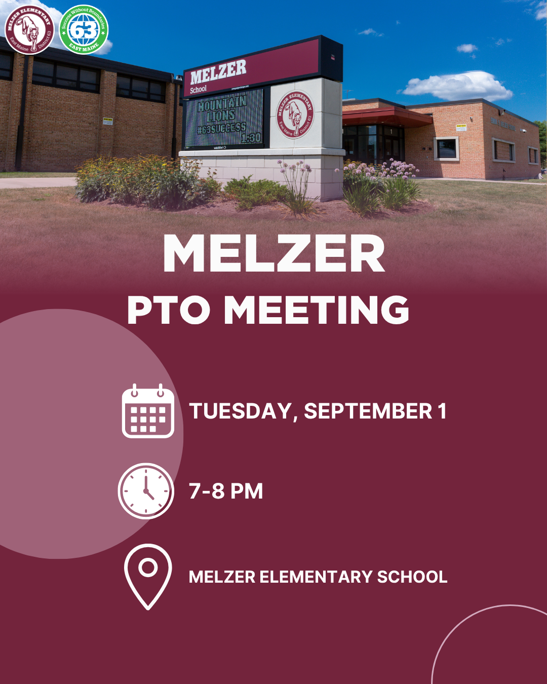 Melzer Elementary School announces a PTO meeting on Tuesday, September 1, from 7-8 PM.