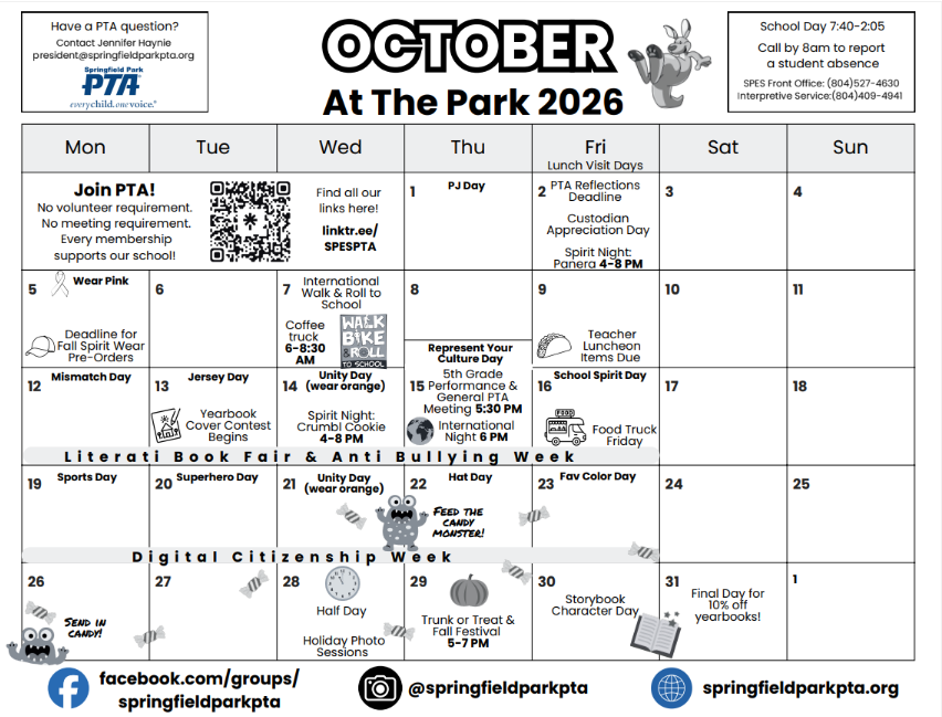A school calendar for October 2026 displaying events, spirit days, and contact details for Springfield Park PTA.