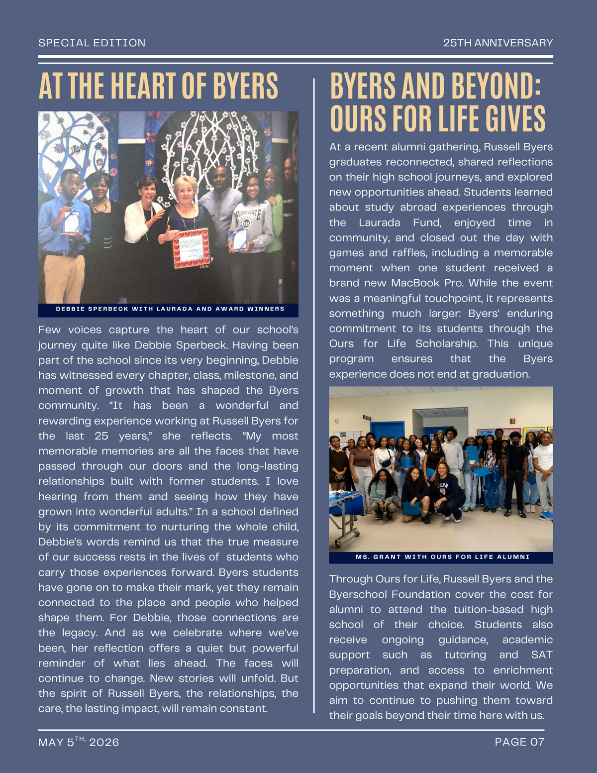 A group of students and adults, including Debbie Sperbeck, are recognized with awards.