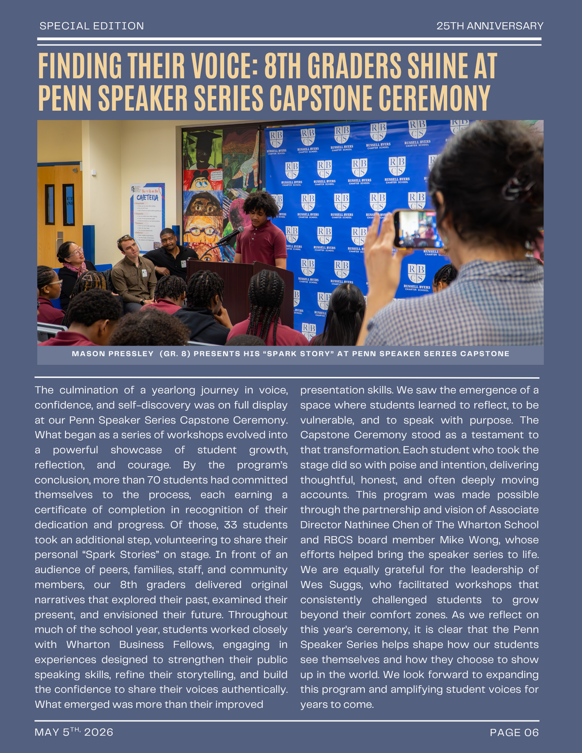 An 8th-grade student presents his "Spark Story" at the Penn Speaker Series Capstone Ceremony.