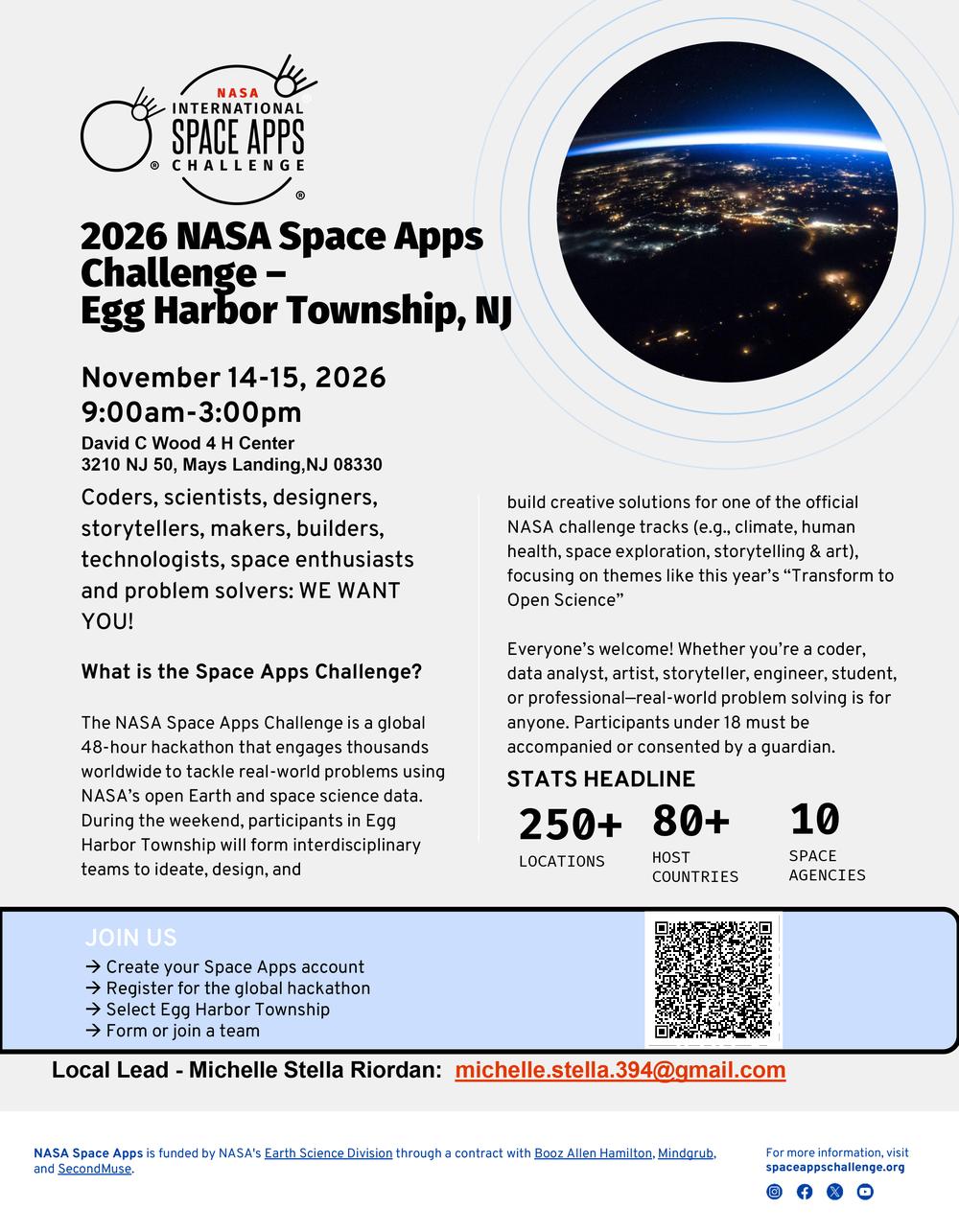 An informational flyer for the 2026 NASA Space Apps Challenge in Egg Harbor Township, NJ, held November 14-15.