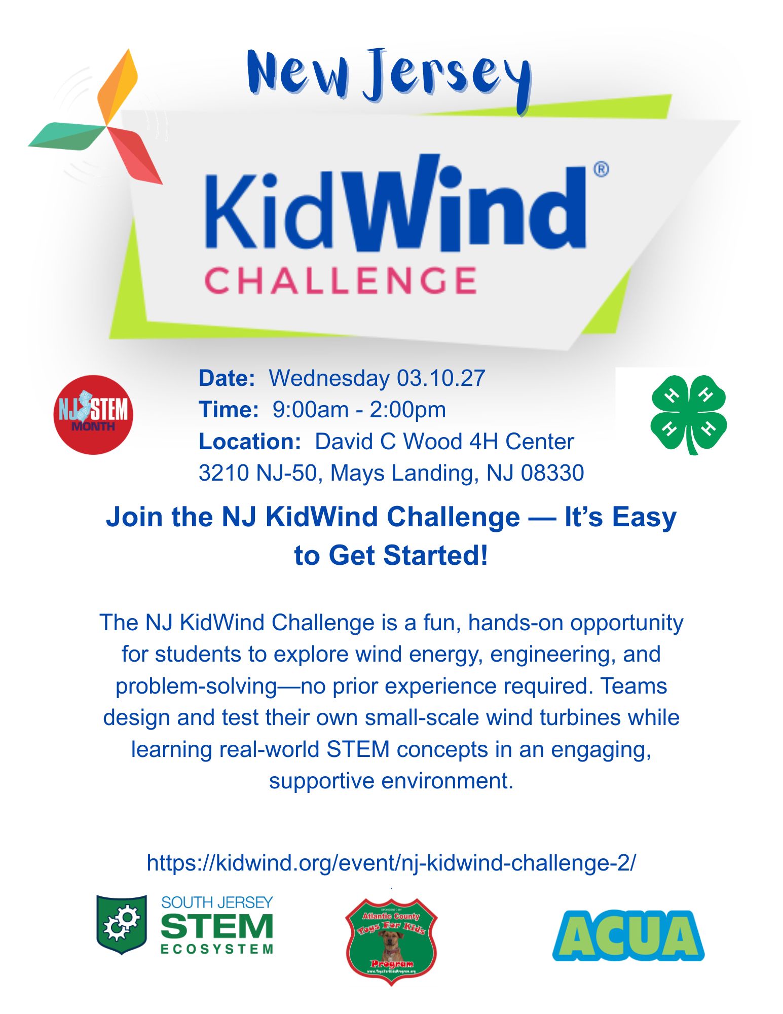 A colorful flyer for the New Jersey KidWind Challenge, featuring event details, logos, and a description of the STEM activity.
