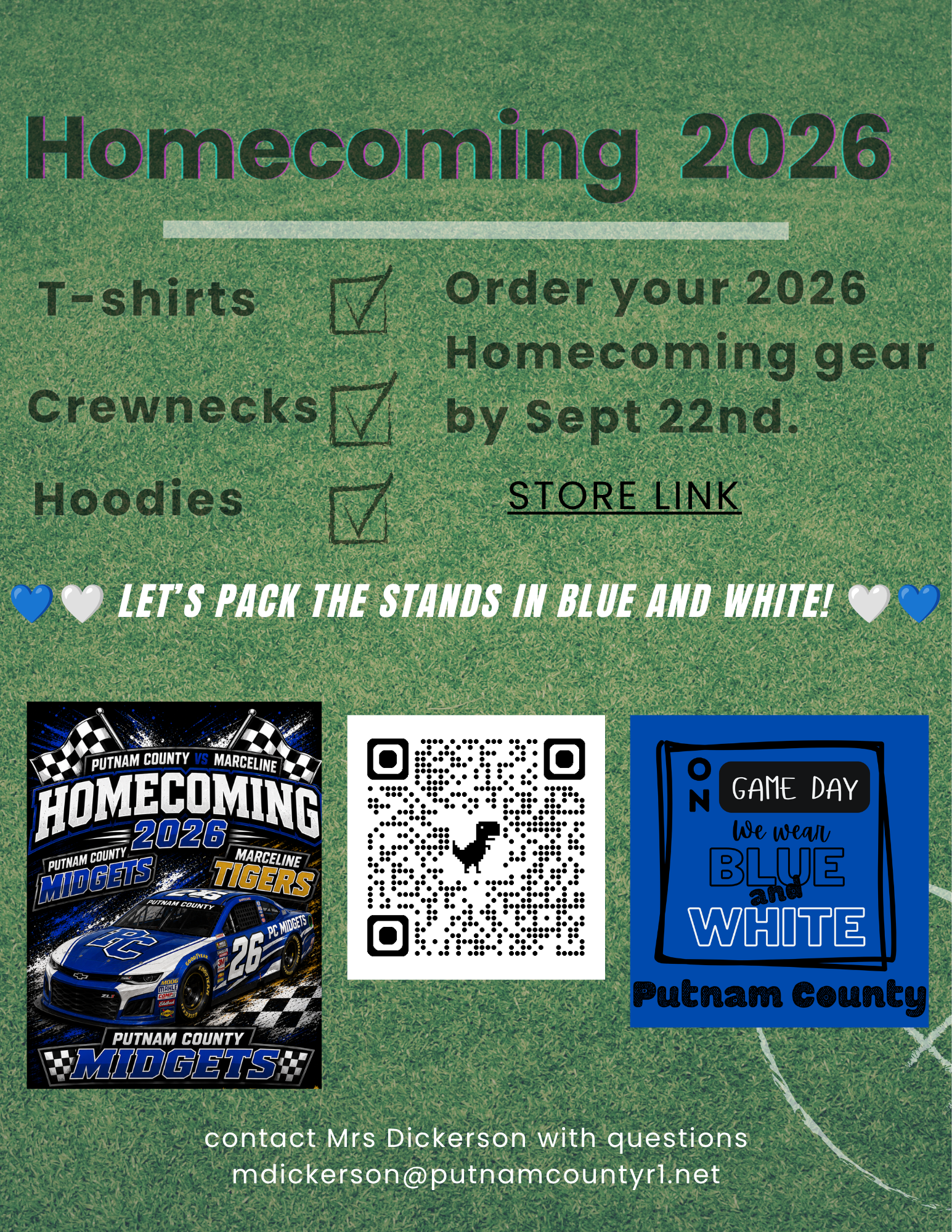 Want to gear up for Homecoming? Mrs. Dickerson and PCHS FCCLA have several Homecoming apparel choices. Order yours today! Buy your Homecoming gear at https://putnamhomecoming2026.itemorder.com/shop/home/. Orders are due by September 13, 2026.