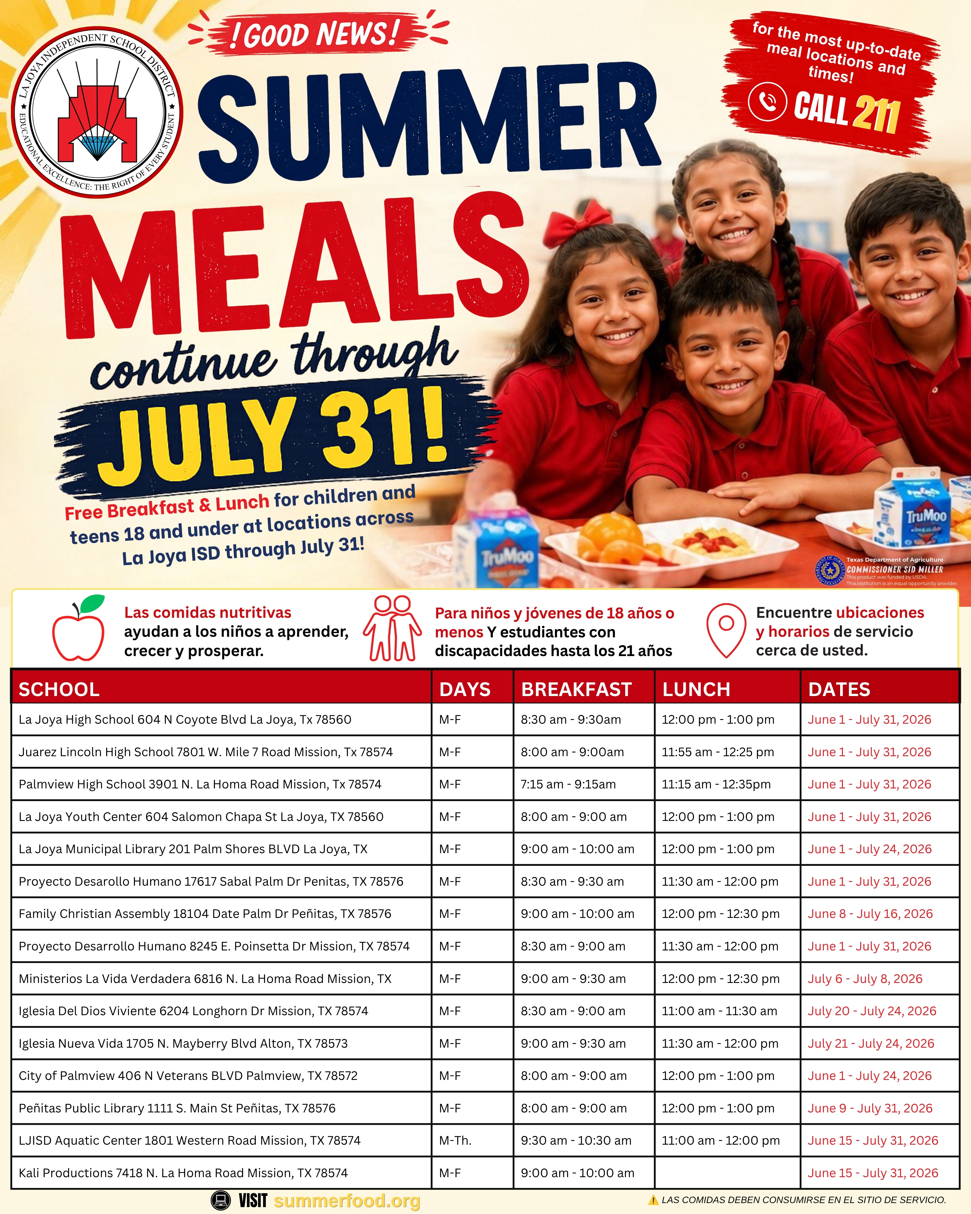☀️🍎 Free Summer Meals Continue Through July 31! 🍎☀️