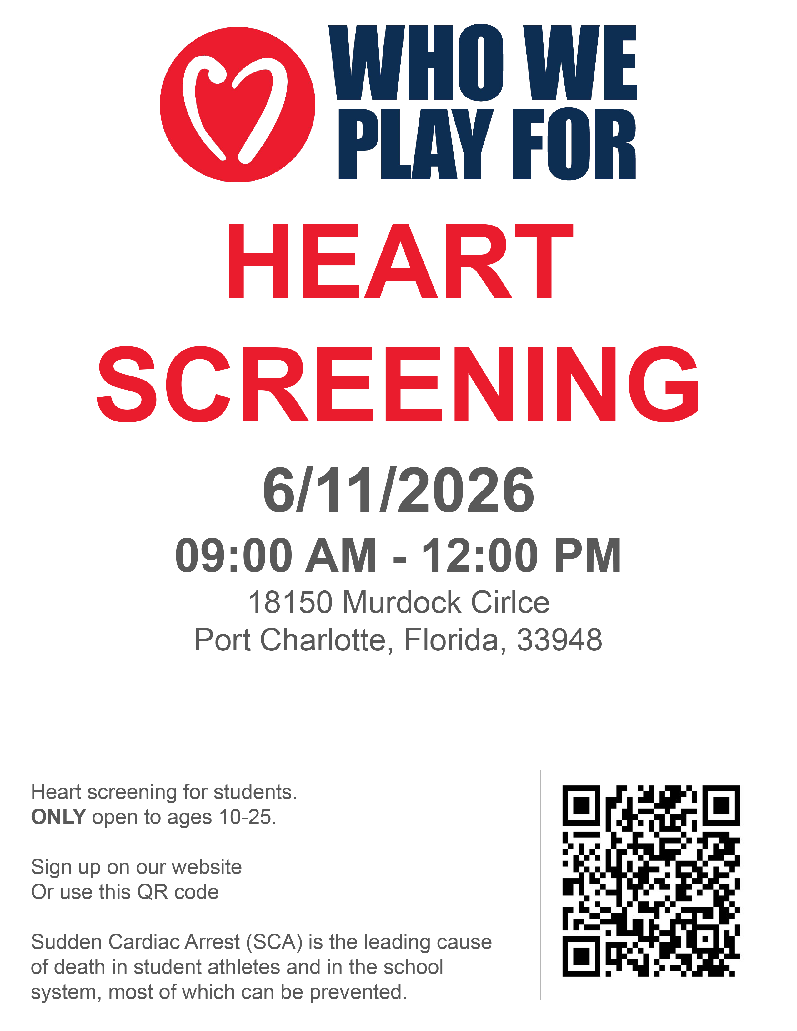 Poster for 'Who We Play For' Heart Screening event on 6/11/2026 from 9 AM to 12 PM in Port Charlotte, Florida.