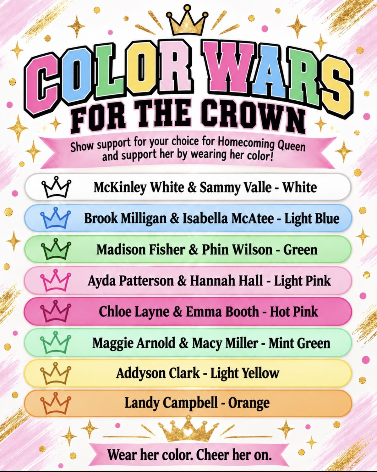 A colorful flyer titled 'Color Wars for the Crown' lists homecoming candidates and their corresponding colors.