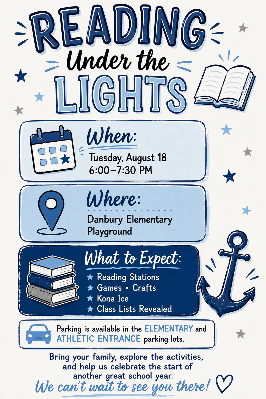 Calling All Elementary Families: Join us for Reading Under the Lights this Tues. August 18 @ 6pm on the Elementary Playground!