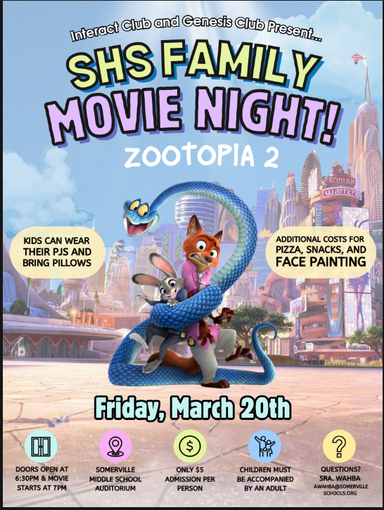 Poster for SHS Family Movie Night featuring Zootopia 2, with characters Nick Wilde and Judy Hopps.