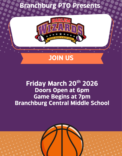 Poster announcing the Harlem Wizards basketball game presented by Branchburg PTO.