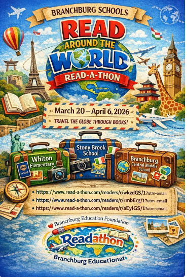 Poster for Branchburg Schools' 'Read Around the World Read-A-Thon' from March 20-April 6, 2026, featuring global landmarks and suitcases.