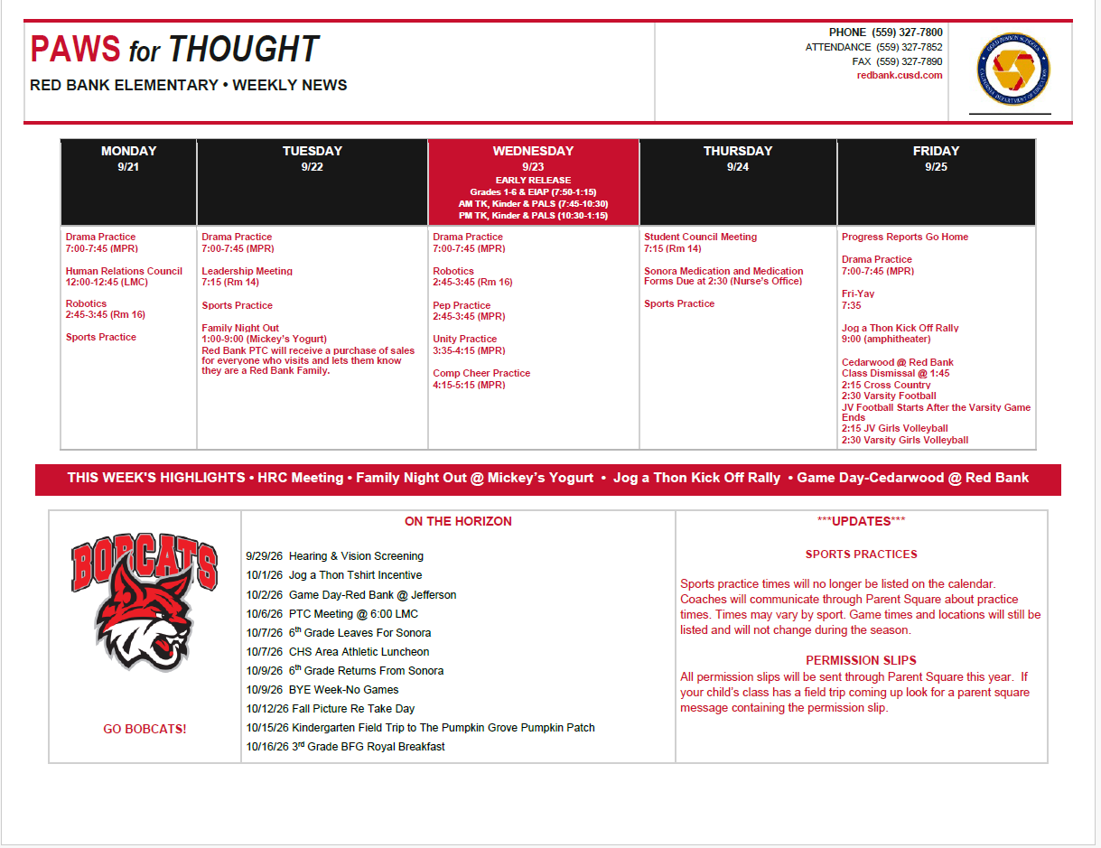 Weekly Calendar September 21-25, 2026
