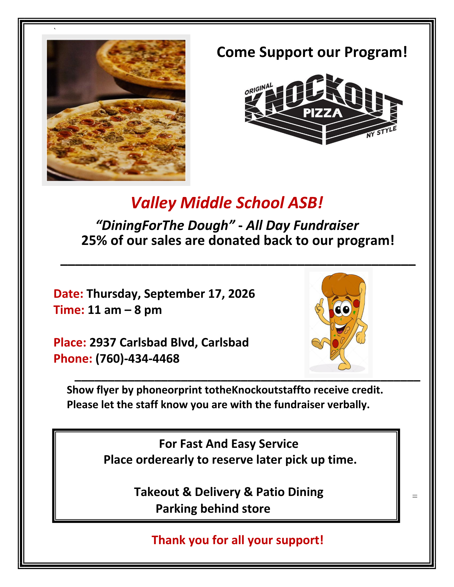 **Knockout Pizza Fundraiser Thursday, September 17**