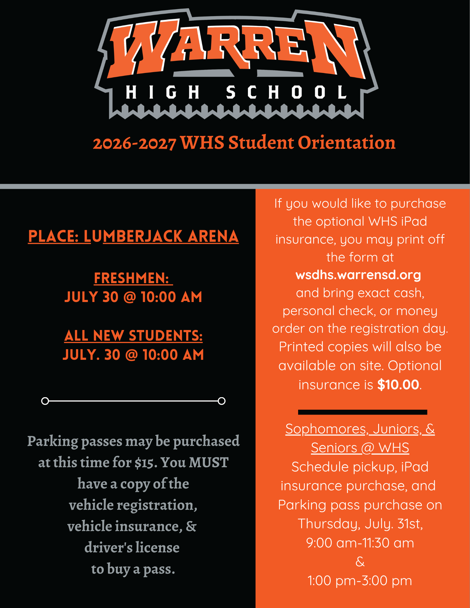 WHS: Orientation/Schedule Pickup information