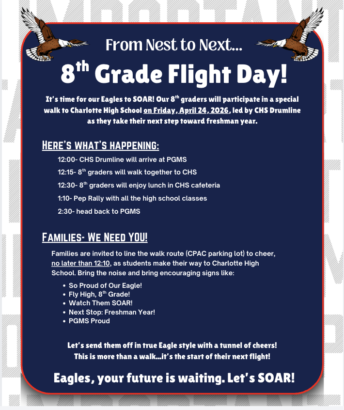 Poster announcing '8th Grade Flight Day!' with a schedule of events and a call for family participation.