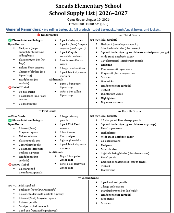 Supply Lists 26-27 School Year