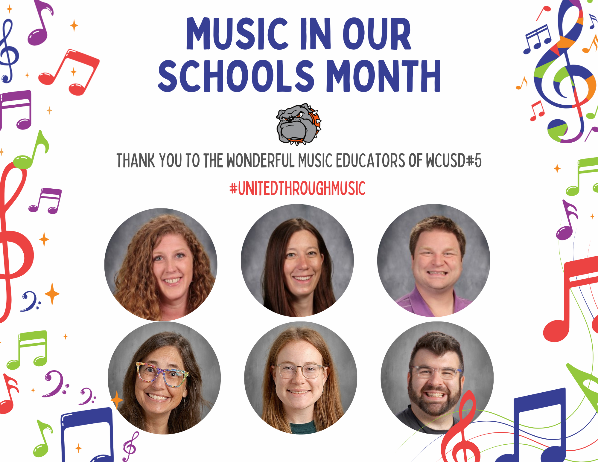 Six smiling music educators are featured in circular portraits against a background of colorful musical notes and the text 'MUSIC IN OUR SCHOOLS MONTH'.