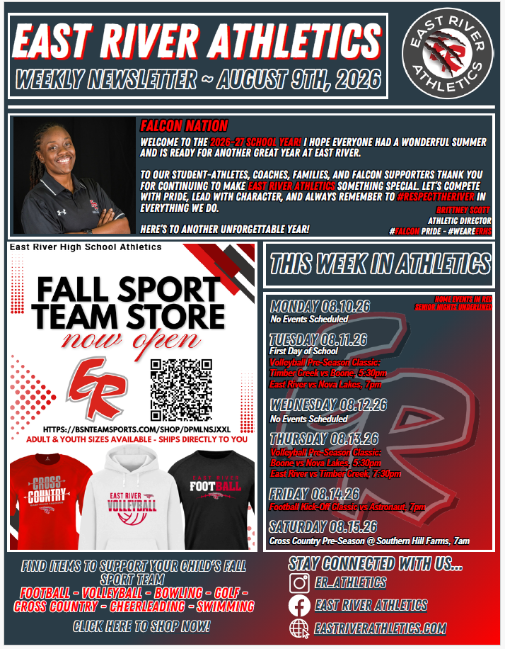 East River Athletics weekly newsletter for August 9th, 2026, featuring fall sports and upcoming events.