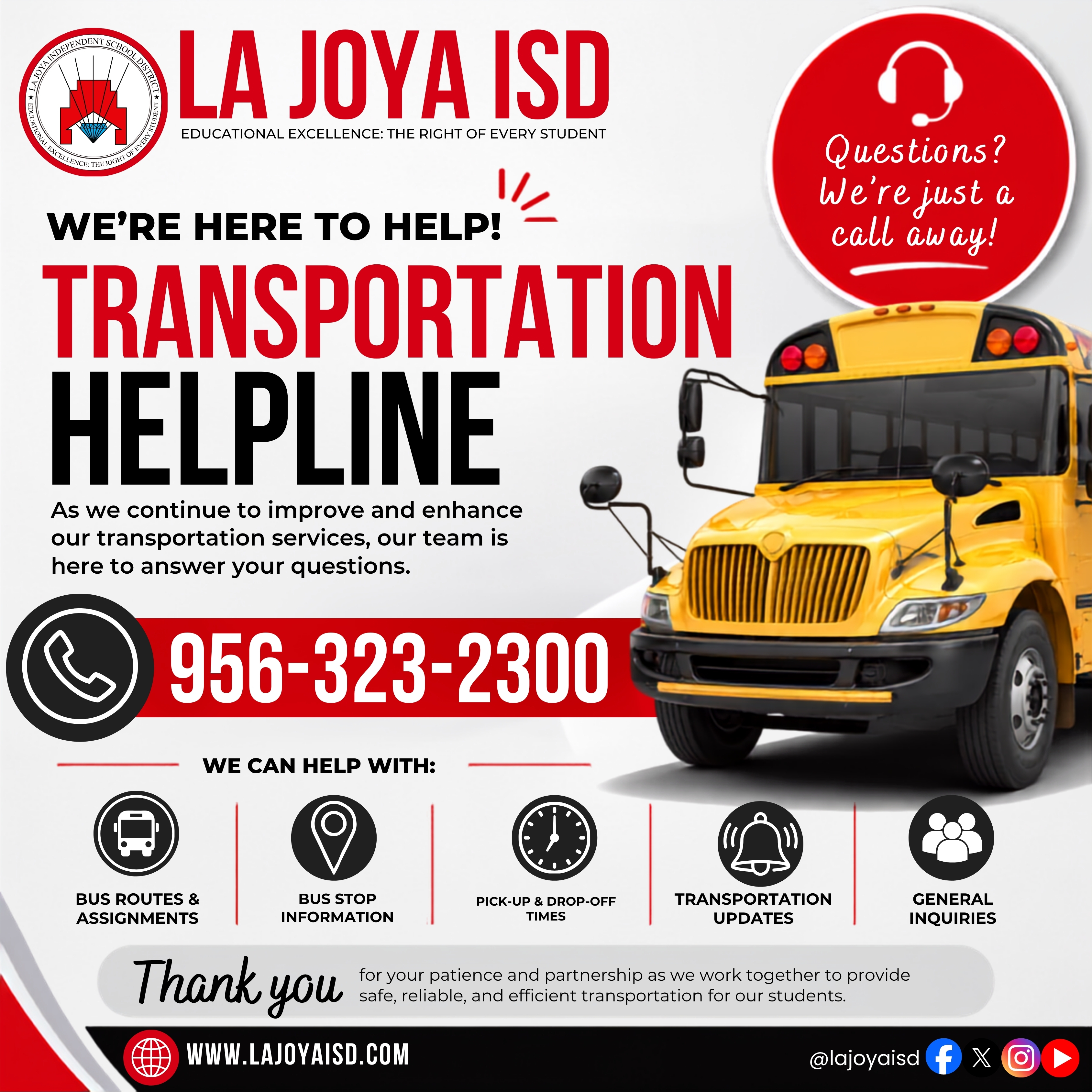 📞 Questions about student transportation? We're here to help! 🚌 | 📞 ¿Tiene preguntas sobre el transporte escolar? ¡Estamos aquí para ayudarle! 🚌