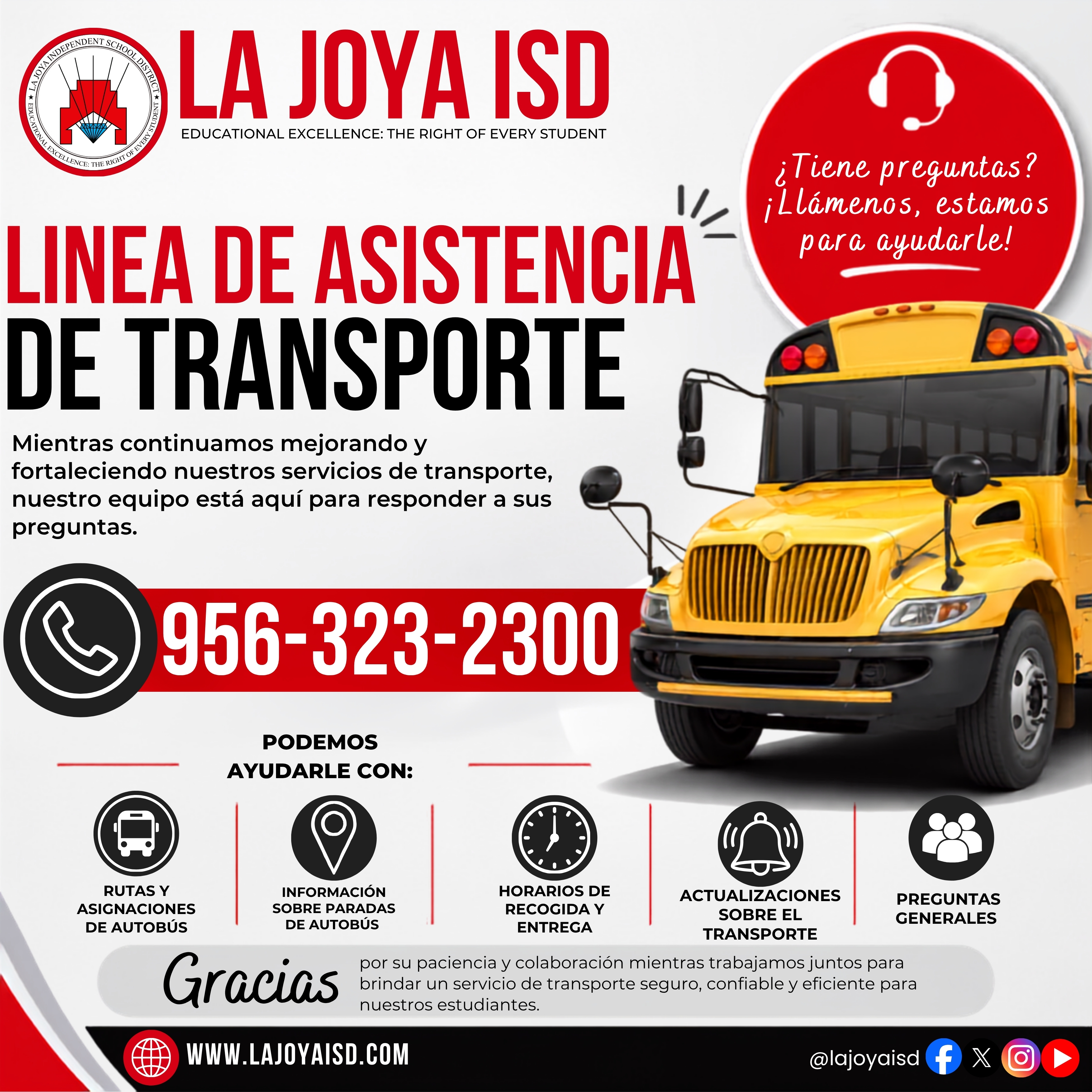 La Joya ISD Transportation Assistance Line with a yellow school bus and contact number 956-323-2300.