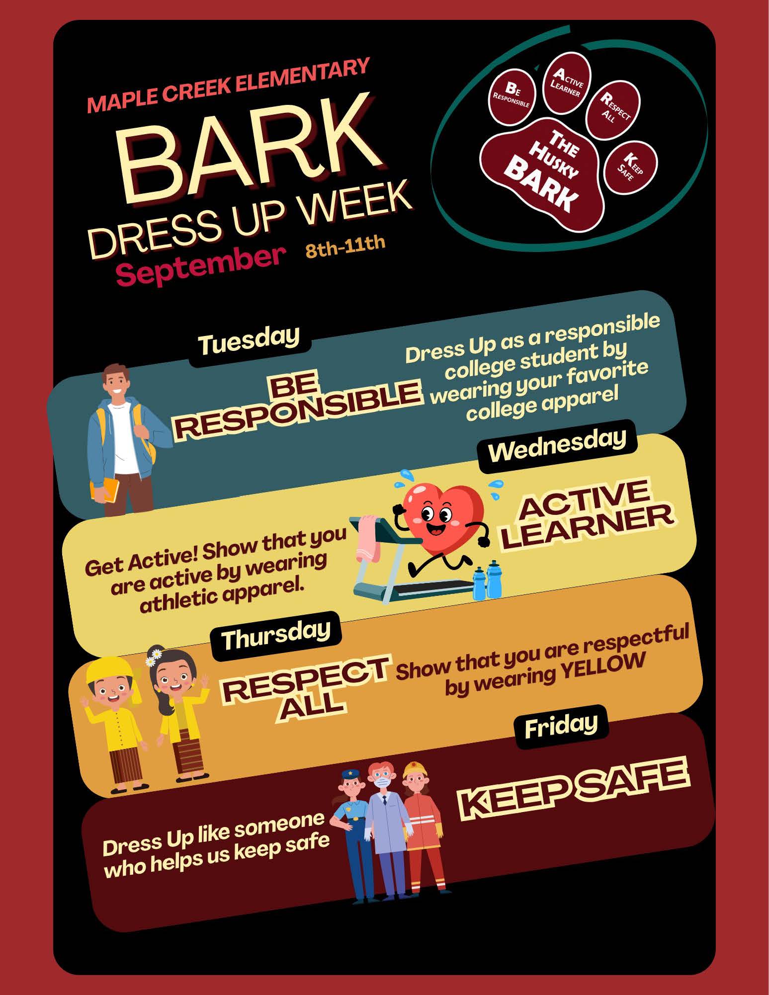 A colorful flyer details Maple Creek Elementary's BARK Dress Up Week from September 8th to 11th.