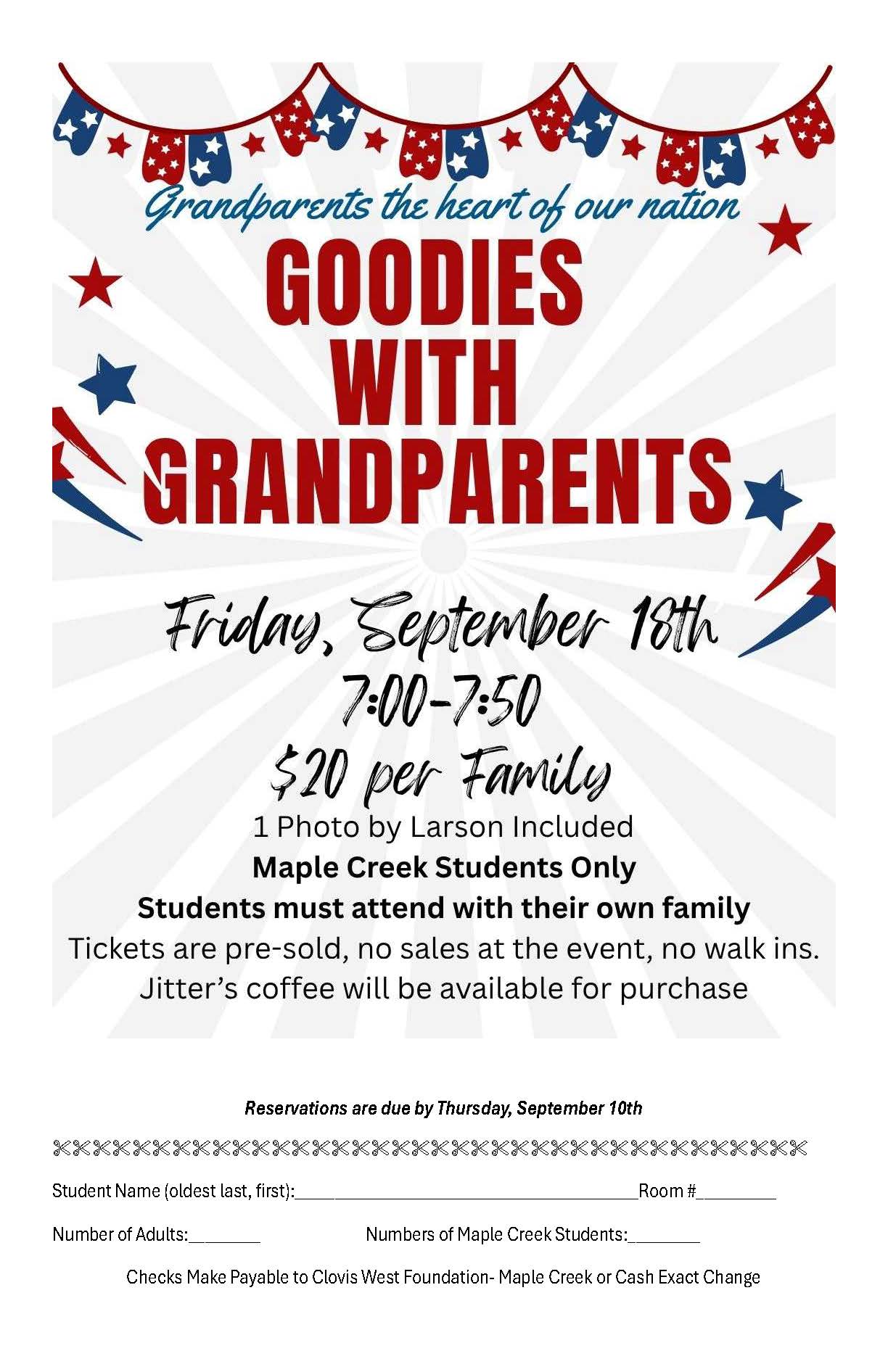 A patriotic flyer for a Goodies with Grandparents event, featuring red, white, and blue decorations and event details.