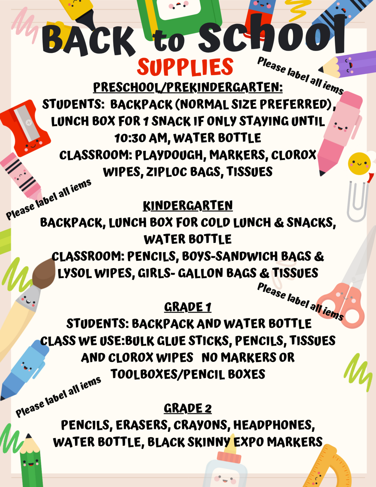 Back to School Supply List