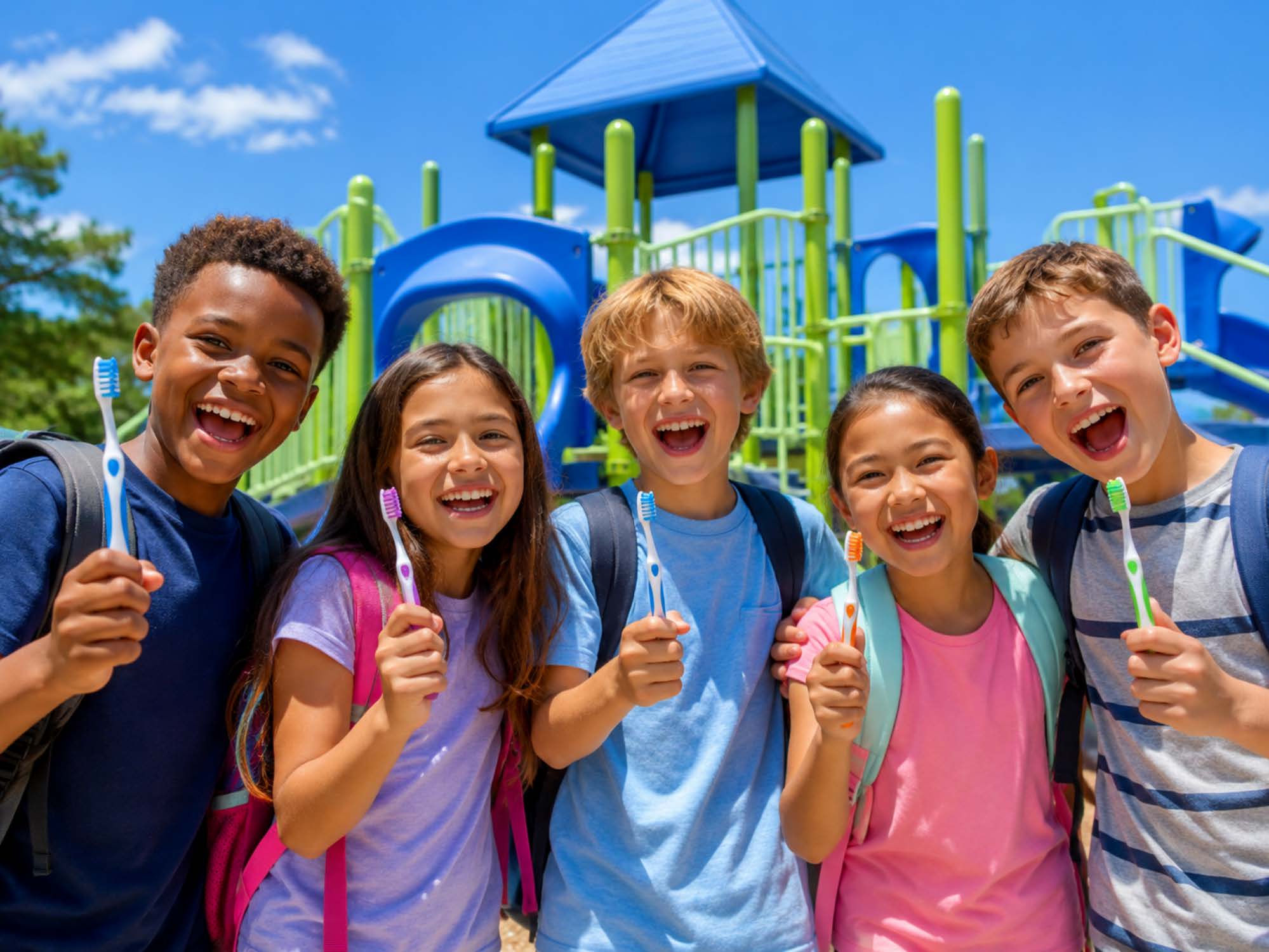 Five smiling children hold up colorful toothbrushes at a sunny outdoor playground.