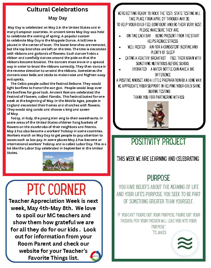 A flyer with sections on 'Cultural Celebrations: May Day', 'PTC Corner', and 'Positivity Project'.
