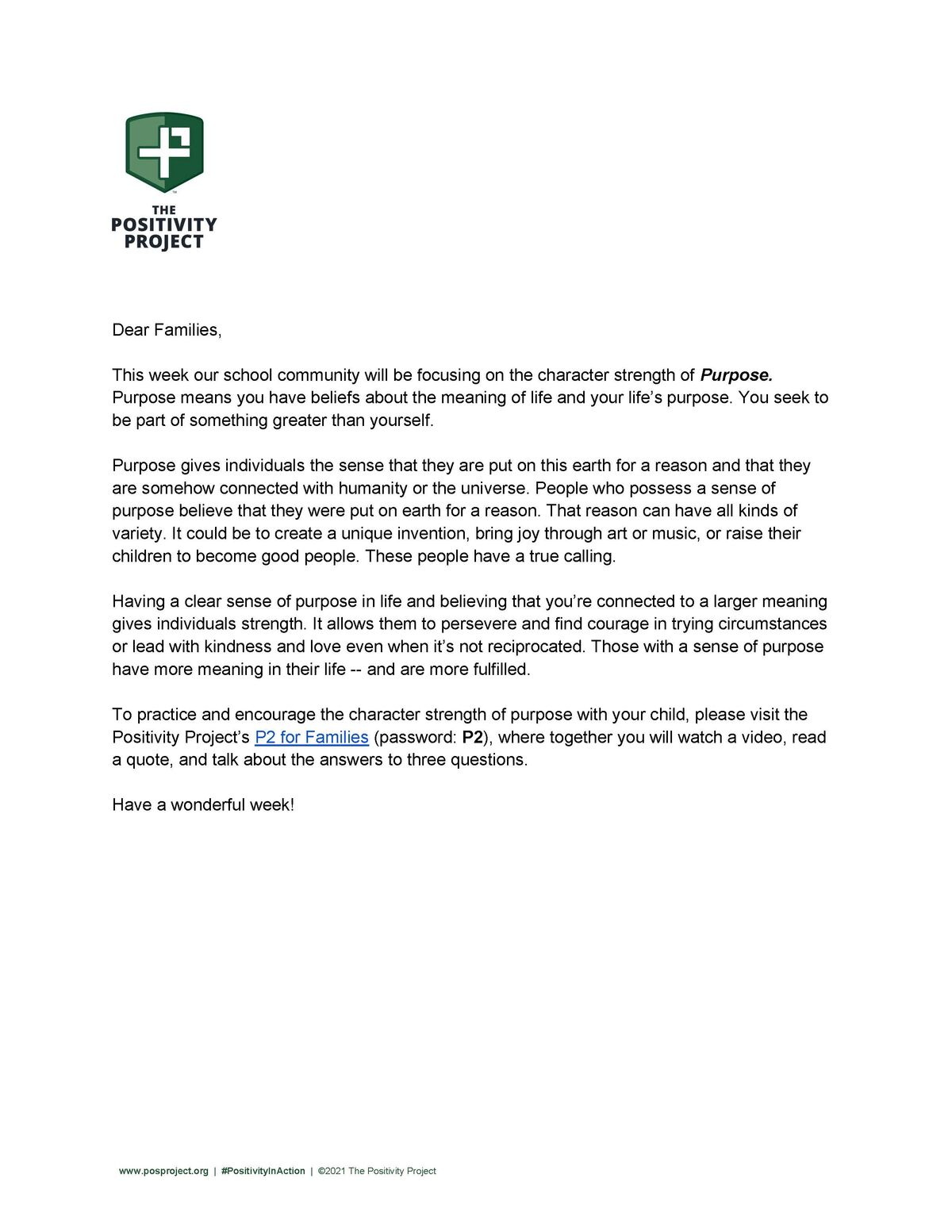 A letter from The Positivity Project addresses families about the character strength of Purpose.