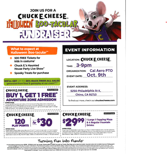Cal Aero Chucky Cheese Fundraiser today, October 9, 2026
