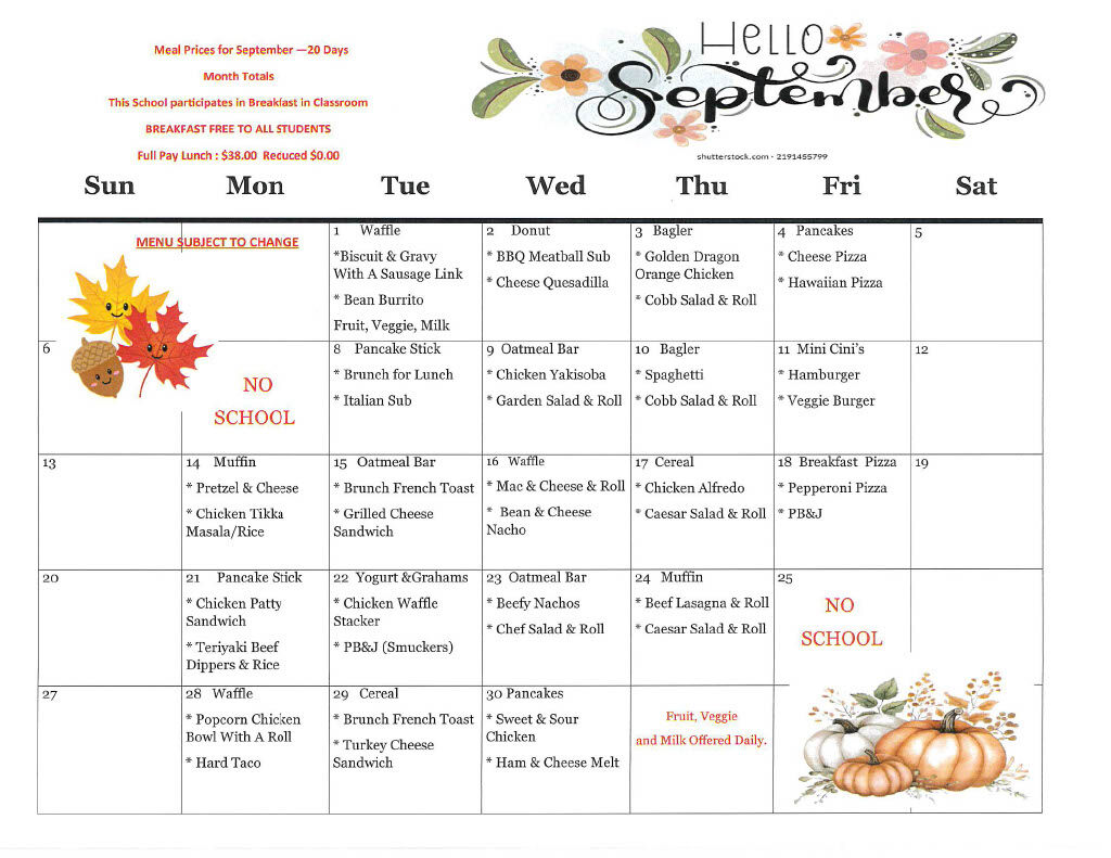 September Key Dates & Lunch Menu