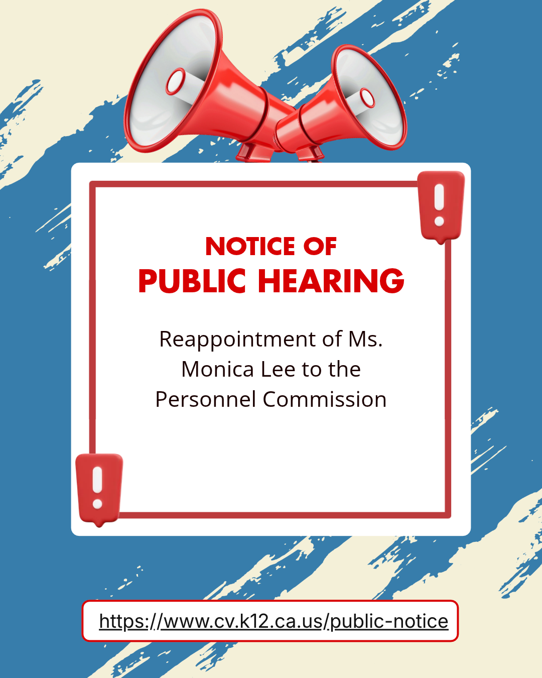 📢 NOTICE OF PUBLIC HEARING: Reappointment of Ms. Monica Lee to the Personnel Commission