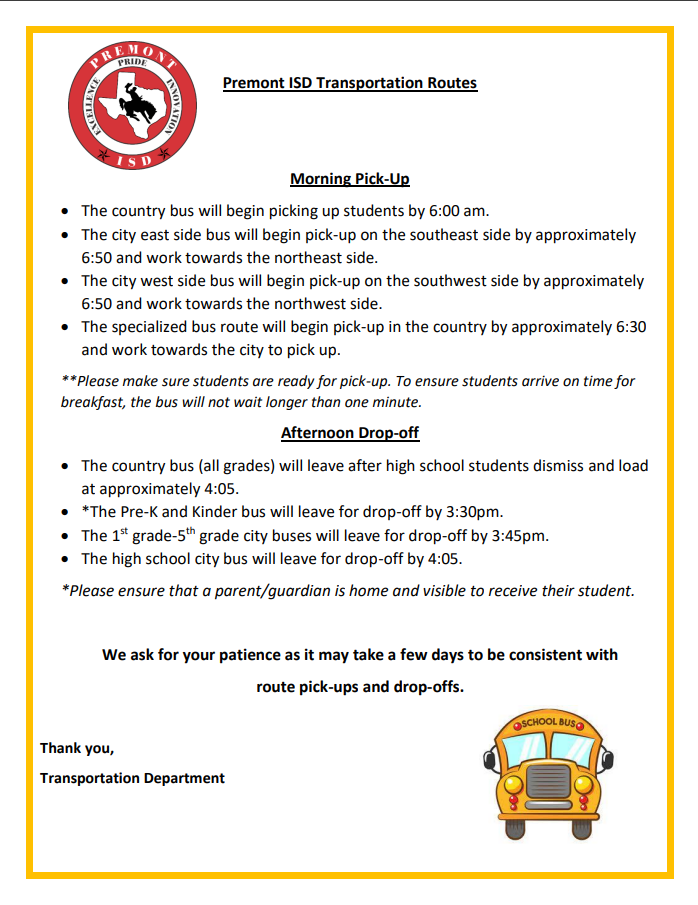 Premont ISD Transportation Routes Information 