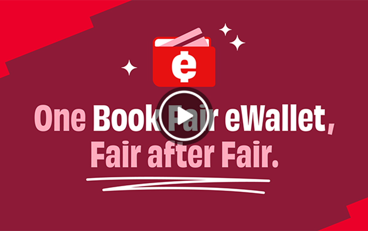 A promotional graphic with the text 'One Book Fair eWallet, Fair after Fair' and an eWallet icon.