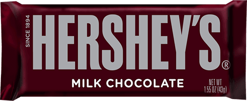 A Hershey's Milk Chocolate bar wrapper with the brand name and 'SINCE 1894' visible.