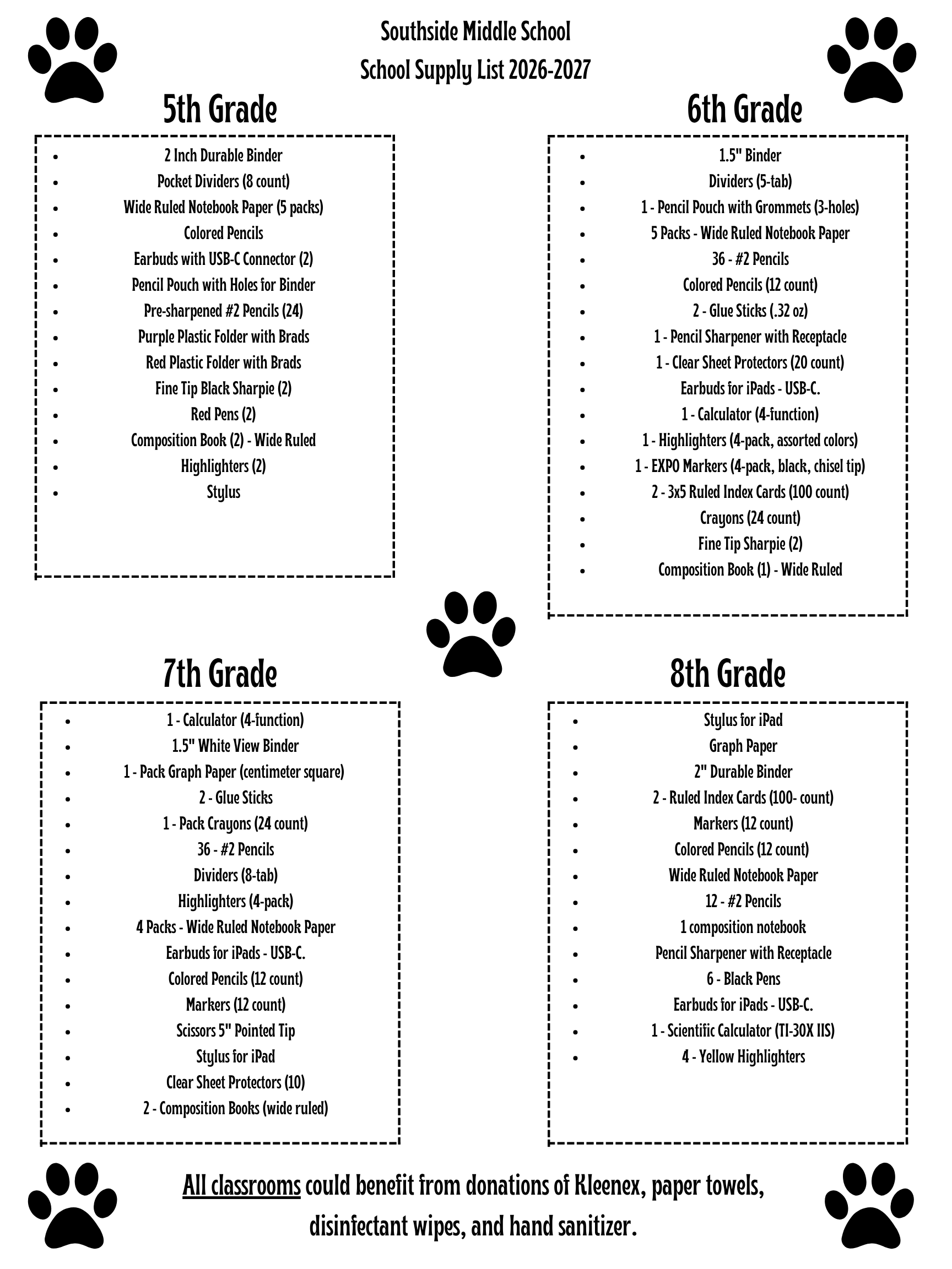 SMS Supply Lists for 2026-2027 School Year