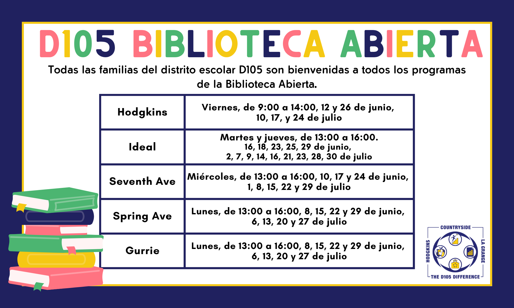 Poster announcing D105 Open Library programs with dates and times for Hodgkins, Ideal, Seventh Ave, Spring Ave, and Gurrie locations.
