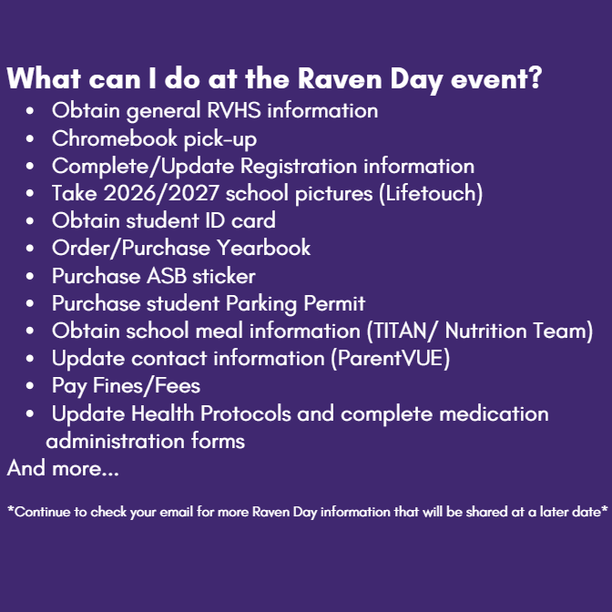 A list of activities available at the Raven Day event, including Chromebook pickup and yearbook purchase.