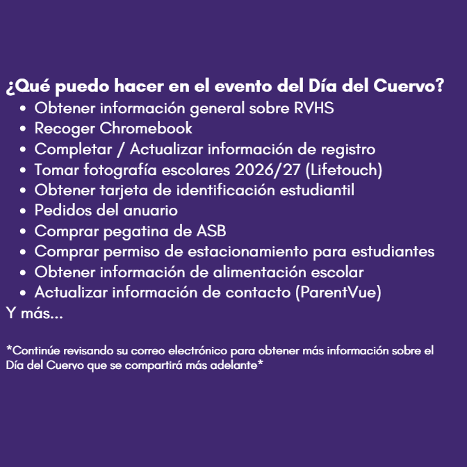 A list of activities available at the 'Día del Cuervo' event, including obtaining information, picking up Chromebooks, and yearbook orders.