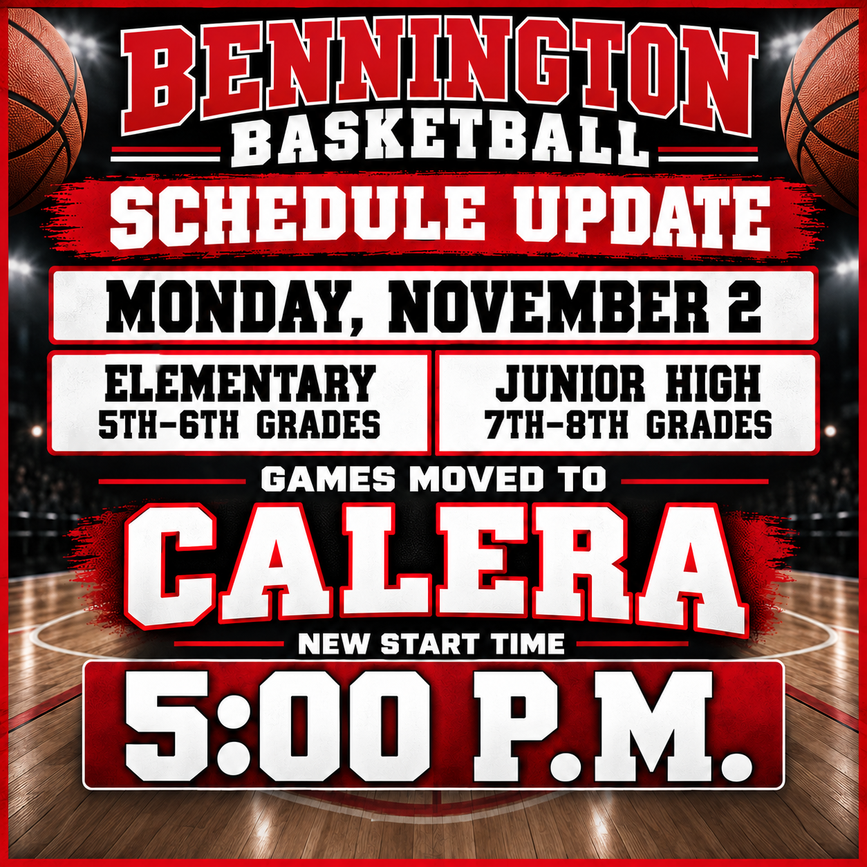 ES/JH Basketball Game Change Monday, November 2nd