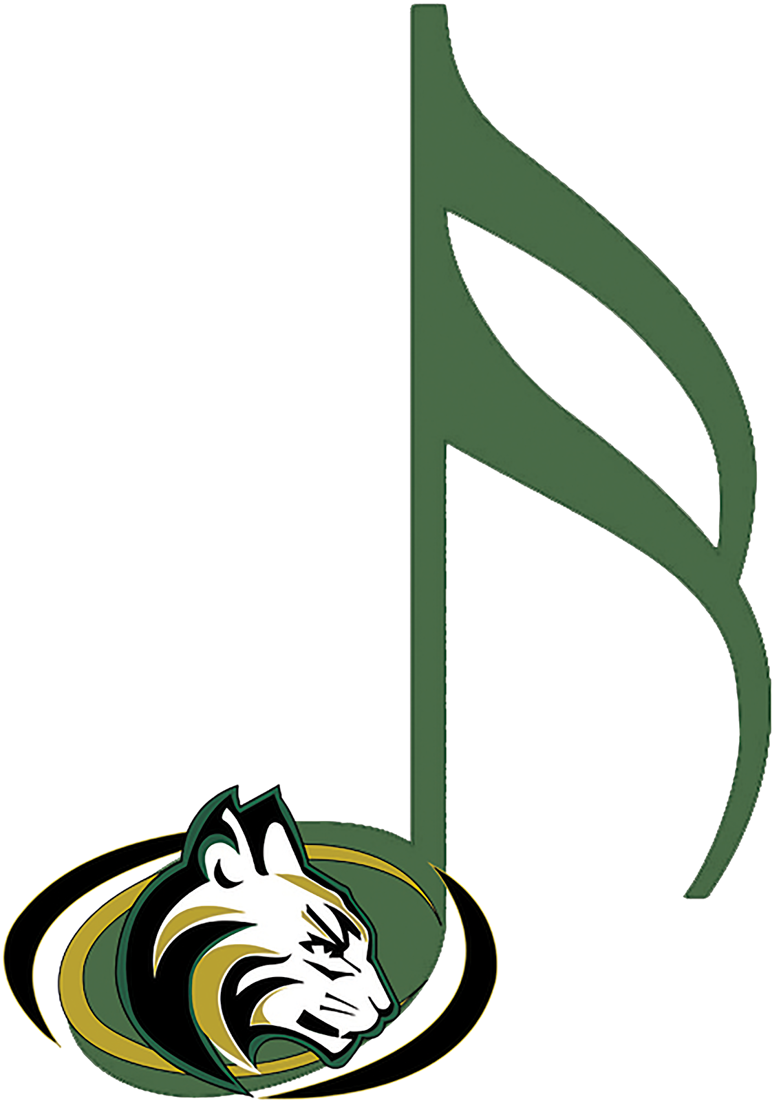 A green eighth note symbol with a stylized bobcat head logo at its base.