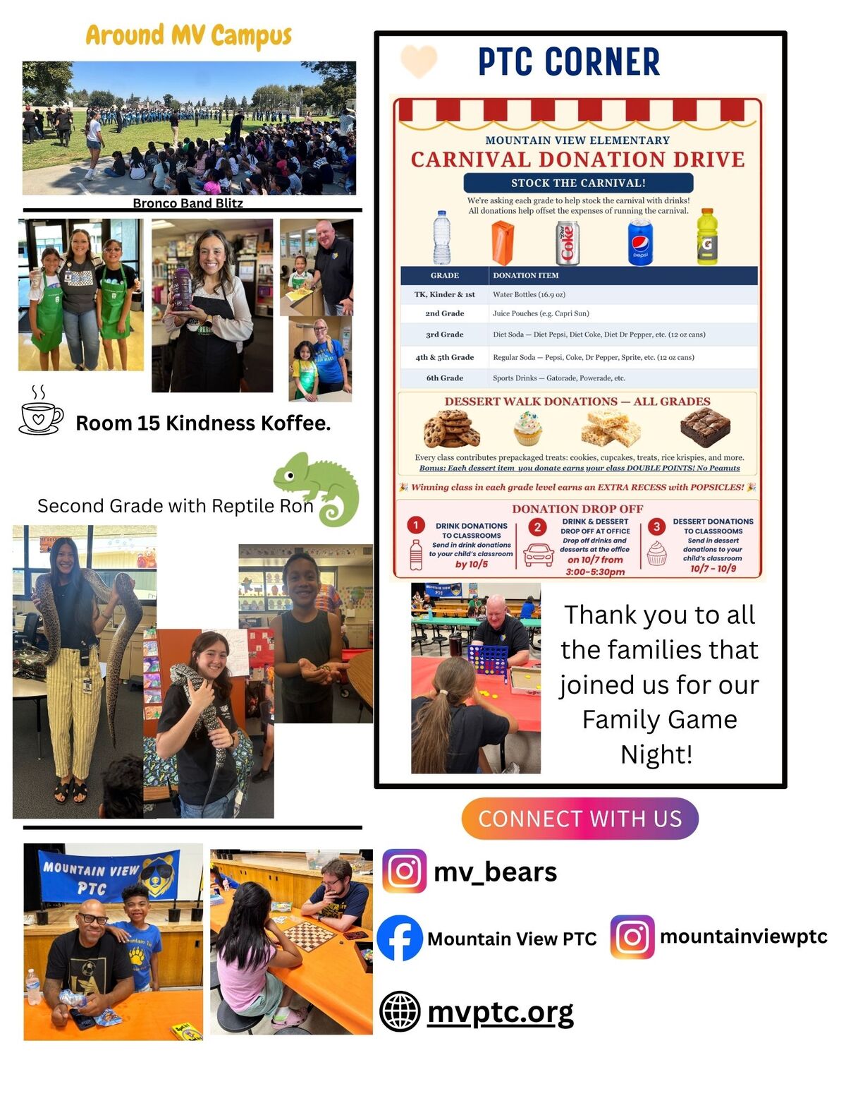 A school newsletter collage highlighting campus events, a carnival donation drive, and community activities.