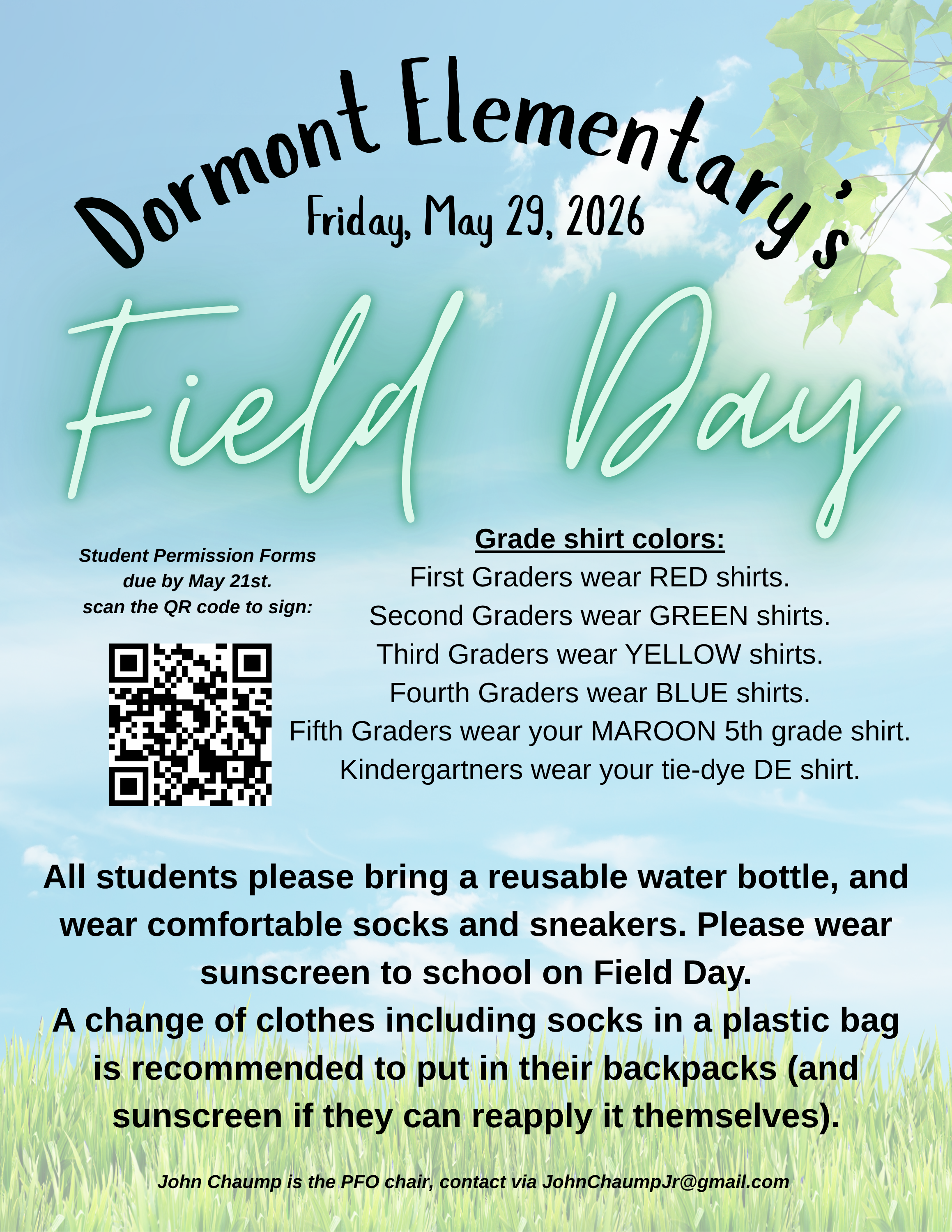 2026 DE Field Day flyer for May 29, 2026. Student Permission Forms must be completed by May 20th on this ParentSquare post. All info is on the post.
