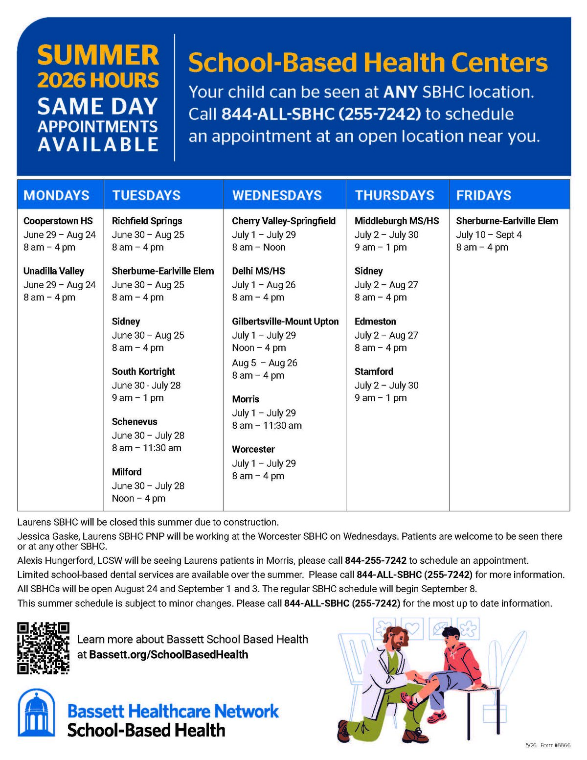 Bassett School-Based Health Summer Hours