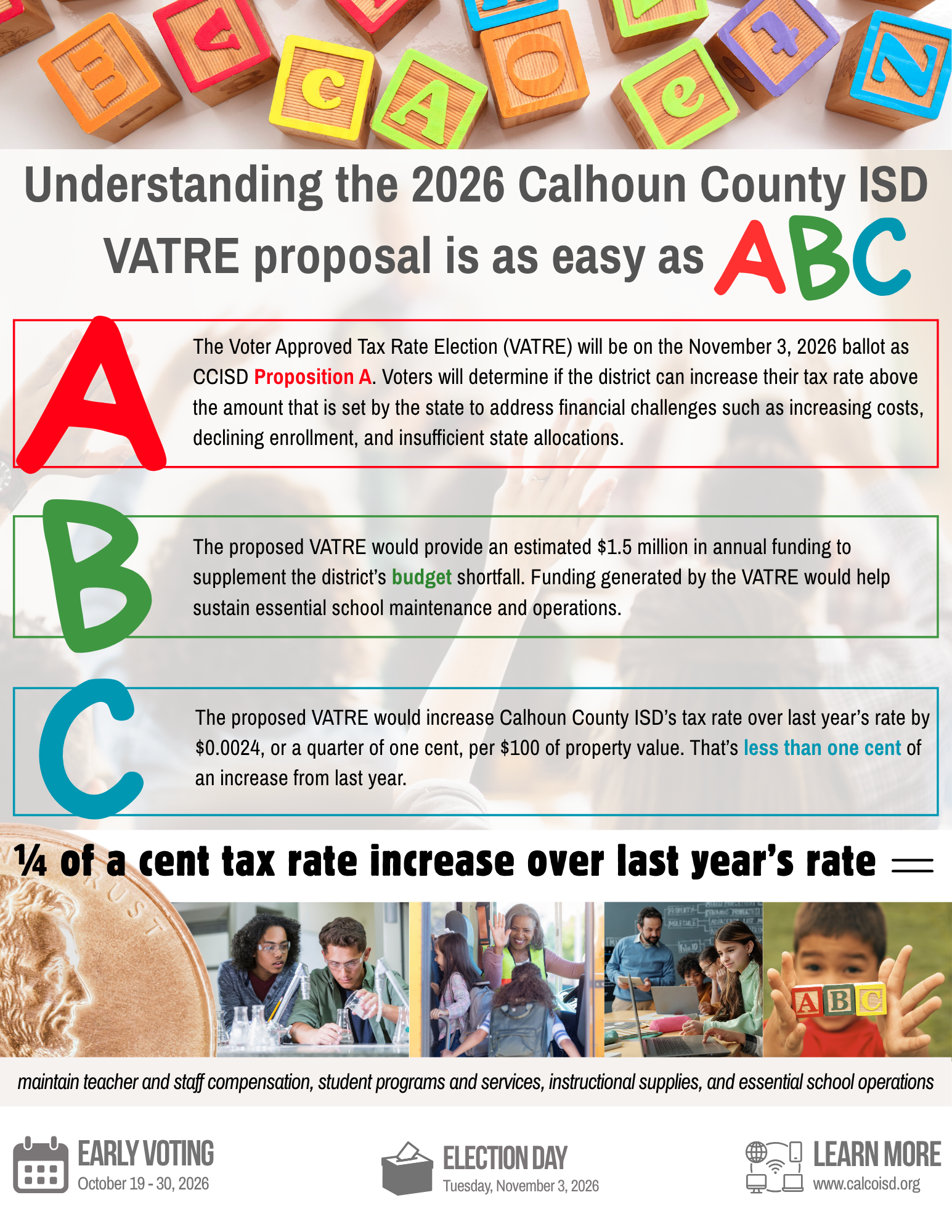 An informational flyer about the 2026 Calhoun County ISD VATRE proposal, broken down into A, B, and C sections.