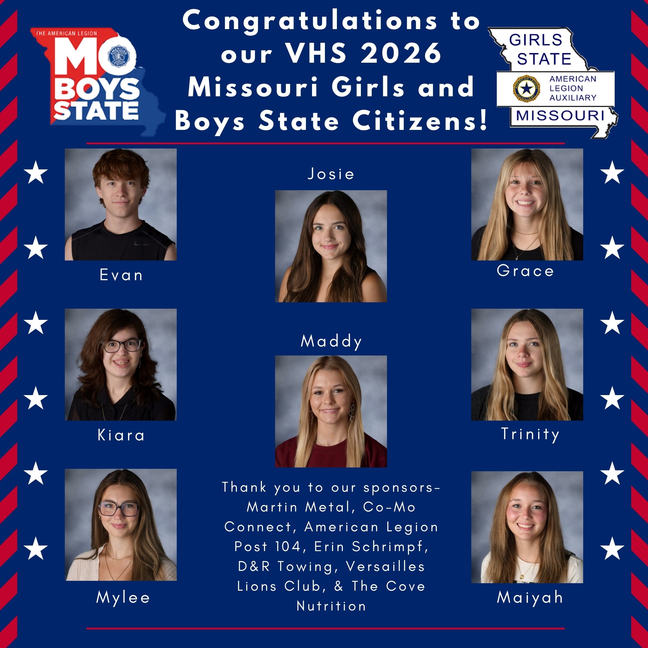 Congratulations to our Versailles High School  2026 Missouri Girls and Boys State Citizens! Thank you to those who sponsored our attendees!