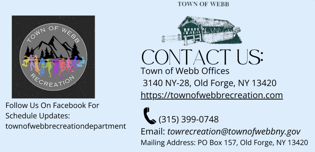 Contact information for the Town of Webb Recreation Department, including address, website, phone, and email.